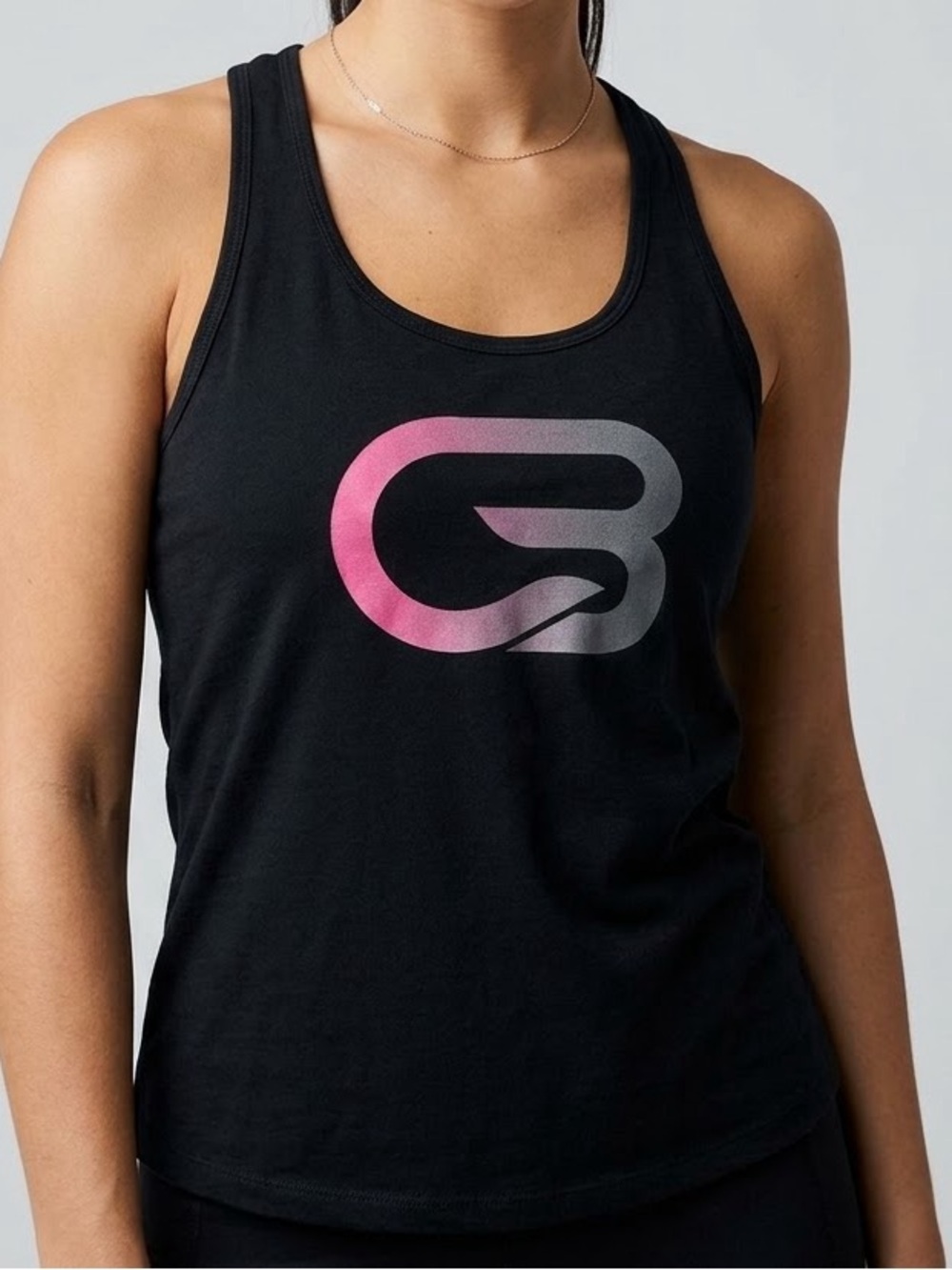 Cyclebar Black Racerback Tank with Pink-Gray Gradient CB Logo